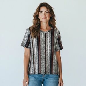 ANN TAYLOR - SIZE XL - Striped Knit Short-Sleeve Top Back Keyhole closure B2